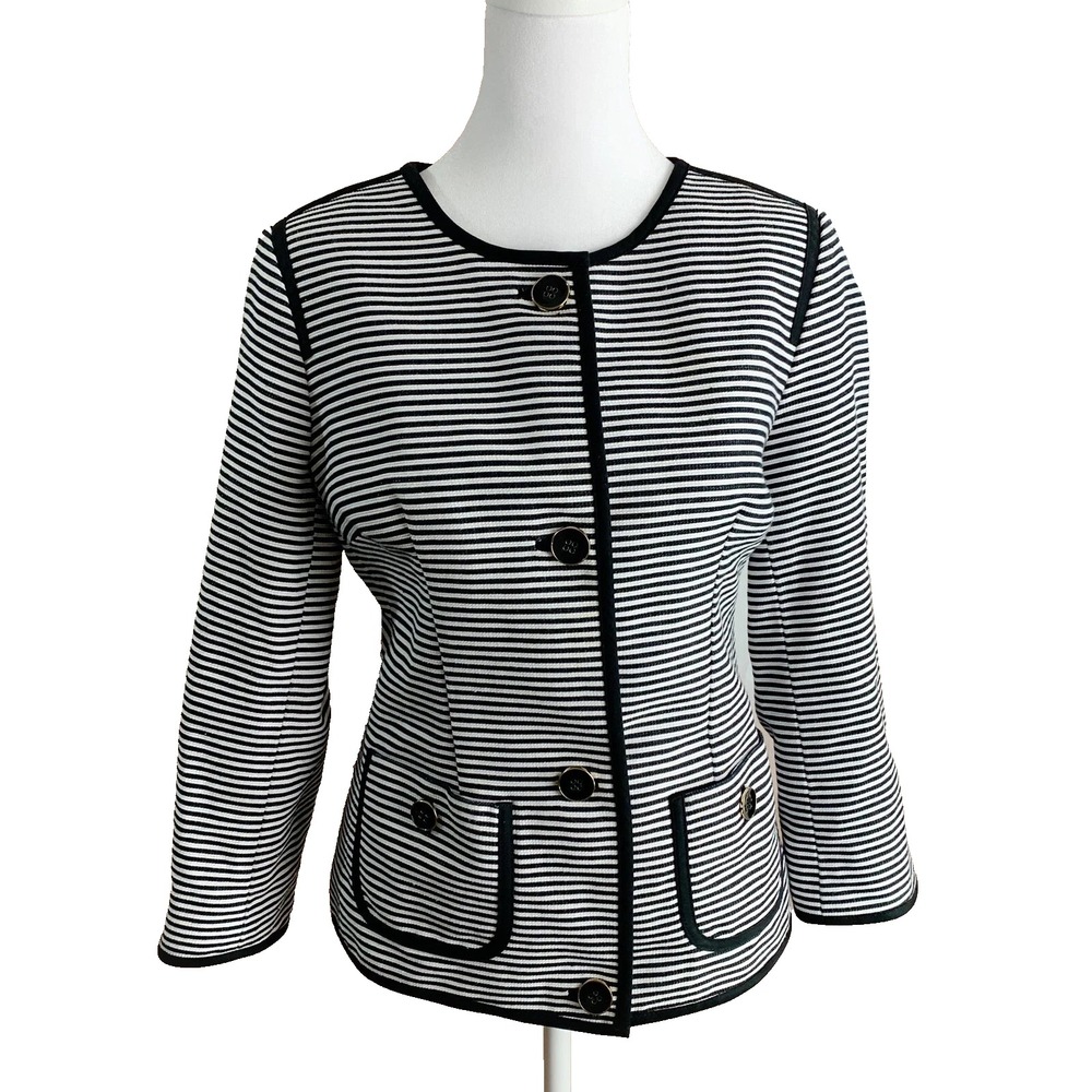 Talbots Womens Black White Striped Button Front Pocket Blazer Jacket‎ Size 4P